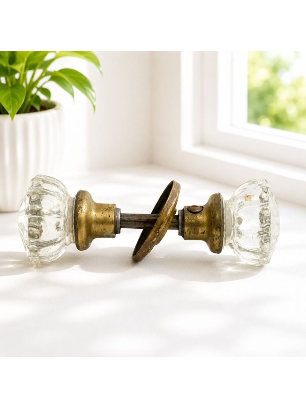 Vintage Glass & Brass Door Knob Set With Single Escutcheon Plate 6" Length 2" Kn